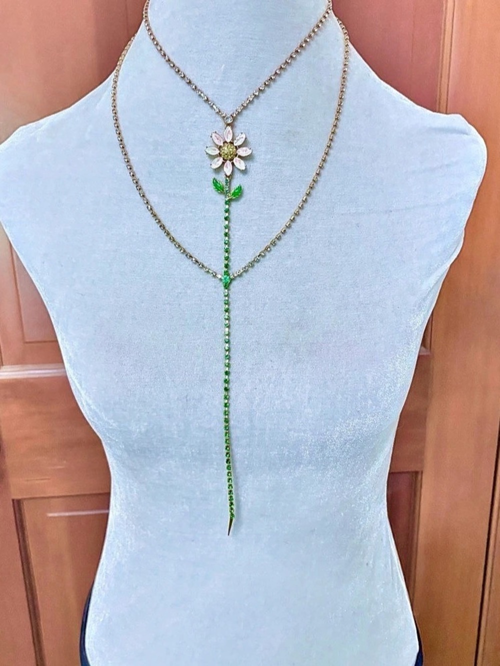 Betsey Johnson Daisy Y-Necklace, highlighted by its whimsical pink and white opa - Picture 2 of 6